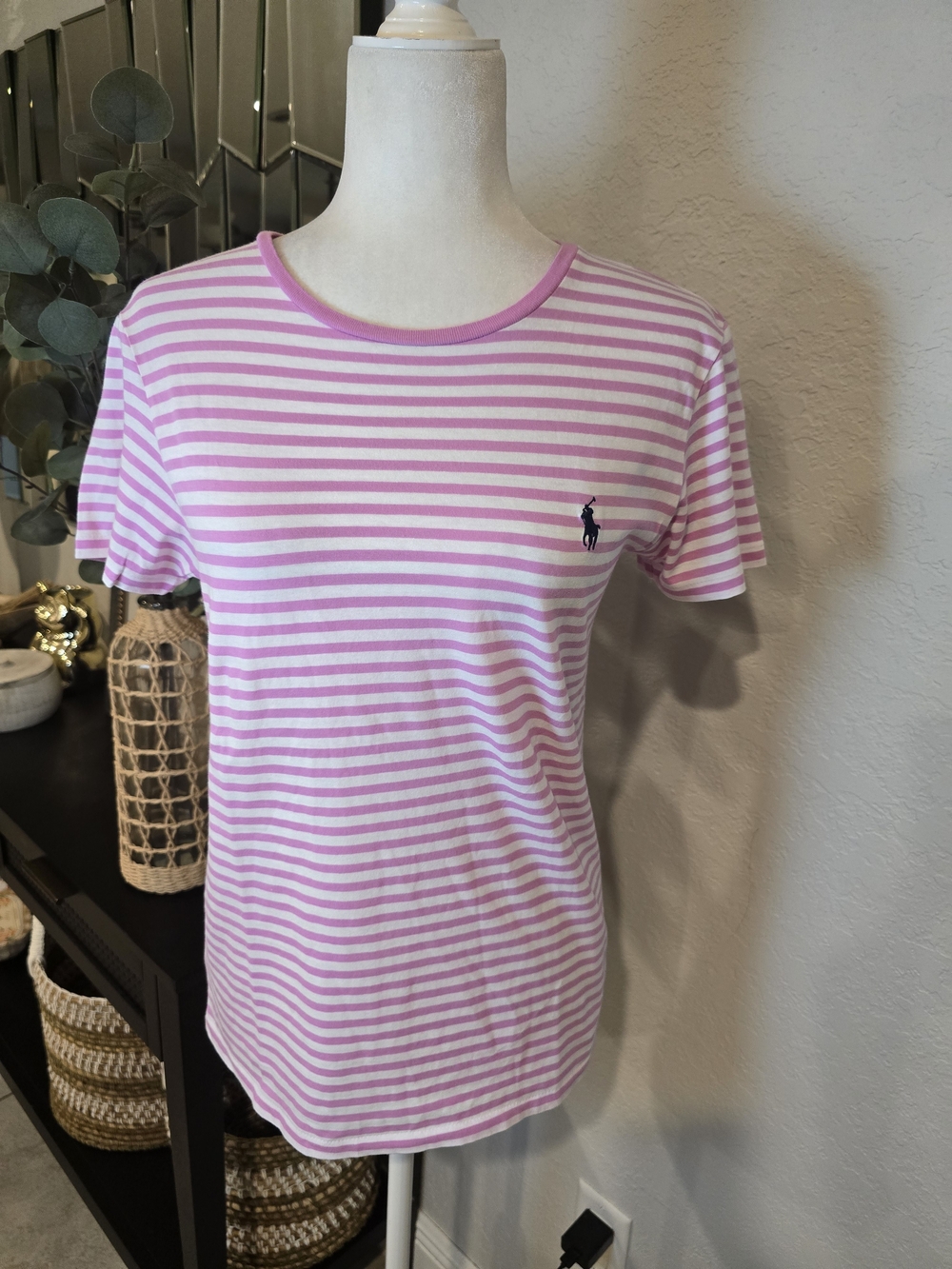 Polo Ralph Lauren Women’s Pink White Striped Logo Cotton Knit Tee L